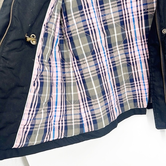 Boden Field Jacket Waxed Fitted Coat size 10 Plaid Lining Black with green trim - Picture 5 of 13